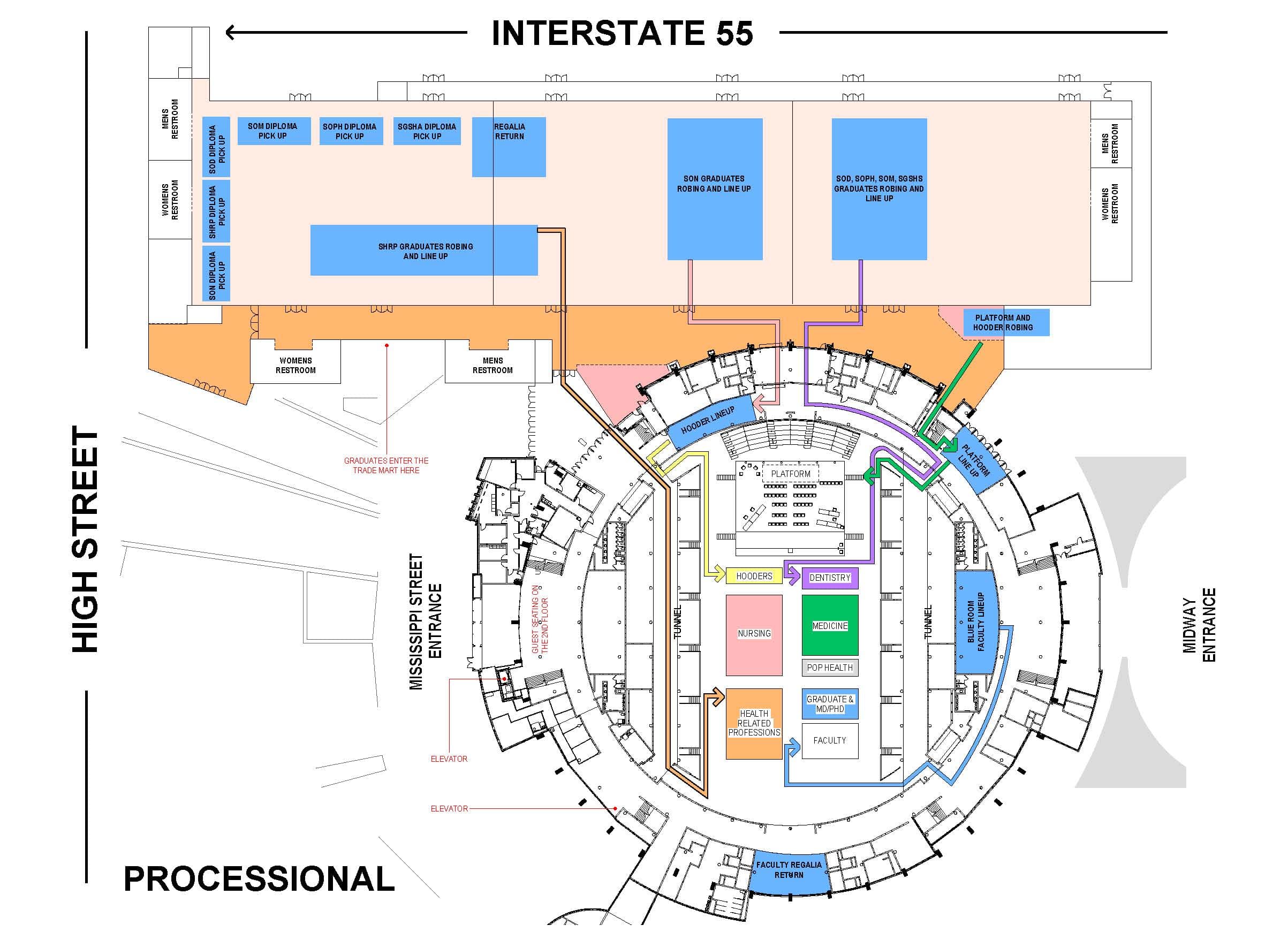 A map of the Mississippi Coliseum and Mississippi Trade Mart. Read the image long description for details.